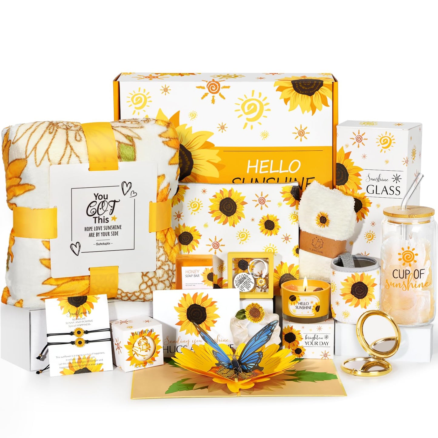 Sunflower Gifts for Women - 15 pcs Unique Birthday and Basket, Get Well Soon Care Package, Inspirational Box for Her, Mom, Sister, Best Friends (Yellow)