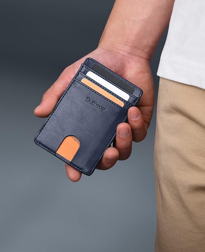 Buffway Mens Slim Wallet, Minimalist Thin Front Pocket Leather Credit Card Holder with RFID Blocking for Work Travel