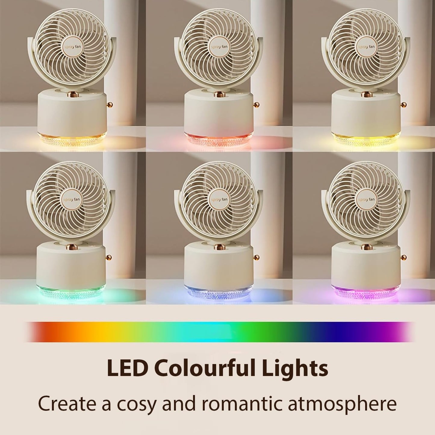 Portable Table Fans, 3 Speeds Air Circulator Fan Low Noise Quiet Desk Fan with Humidifier, Strong Airflow 90°Rotate Cooling Fan with 6 Color Light for Home Bedroom Office (White)