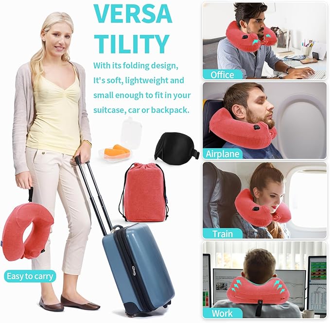 Inflatable Travel Neck Pillow for Airplane, Head Support Velvet Adult Neck Pillow for Long Flight, Kit with Eye Mask, Earplugs and Storage Bag,1, Rose Pink