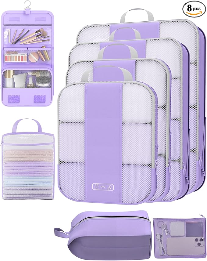 8 Set Compression Packing Cubes for Travel Essentials,Compressible Expandable Packing Cubes for Suitcase,OlarHike Luggage Organizer Bags for Travel,Handy Helper for Organizing Clothes(Light Purple)