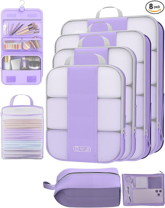 8 Set Compression Packing Cubes for Travel Essentials,Compressible Expandable Packing Cubes for Suitcase,OlarHike Luggage Organizer Bags for Travel,Handy Helper for Organizing Clothes(Light Purple)