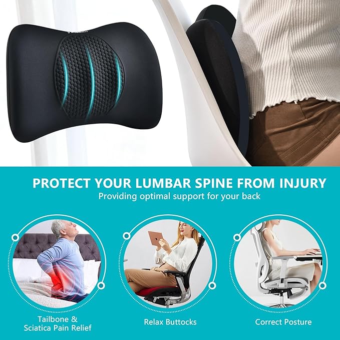 FLORICH 3 PCS Seat Cushion for Carseat Lumbar Support Pillow Car Neck Headrest Pillows Memory Foam Seat Pads Pressure Relief Back Cushion for Office Chair(Black)