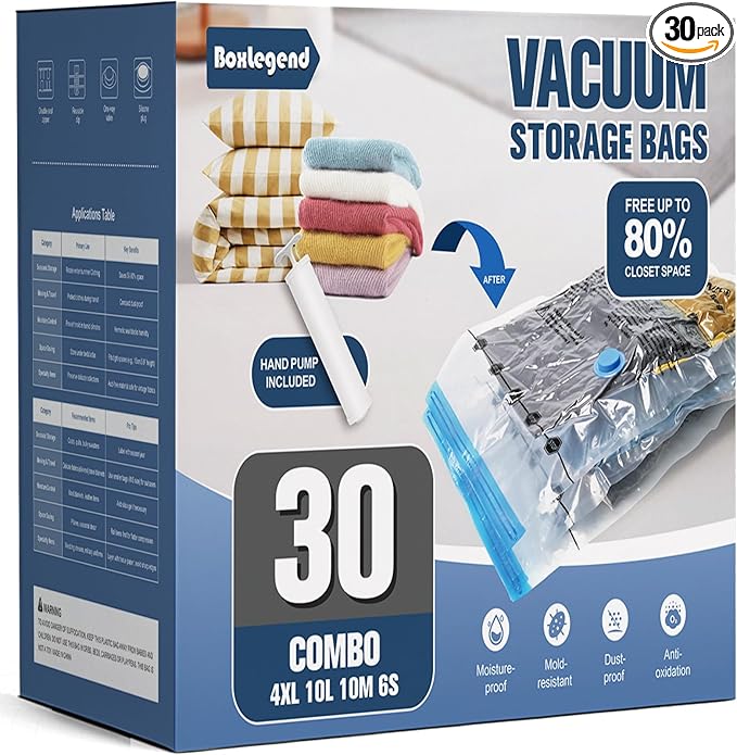 BoxLegend Vacuum Storage Bags with Large Hand Pump 30 Combo (4 Jumbo, 10 Large, 10 Medium, 6 Small) Thickened Vacuum Seal Bags for Clothing Space Saving for Clothes Pillow Comforters Bedding