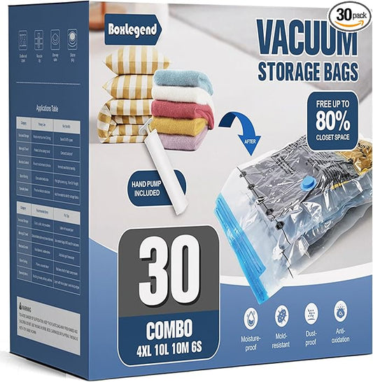 BoxLegend Vacuum Storage Bags with Large Hand Pump 30 Combo (4 Jumbo, 10 Large, 10 Medium, 6 Small) Thickened Vacuum Seal Bags for Clothing Space Saving for Clothes Pillow Comforters Bedding
