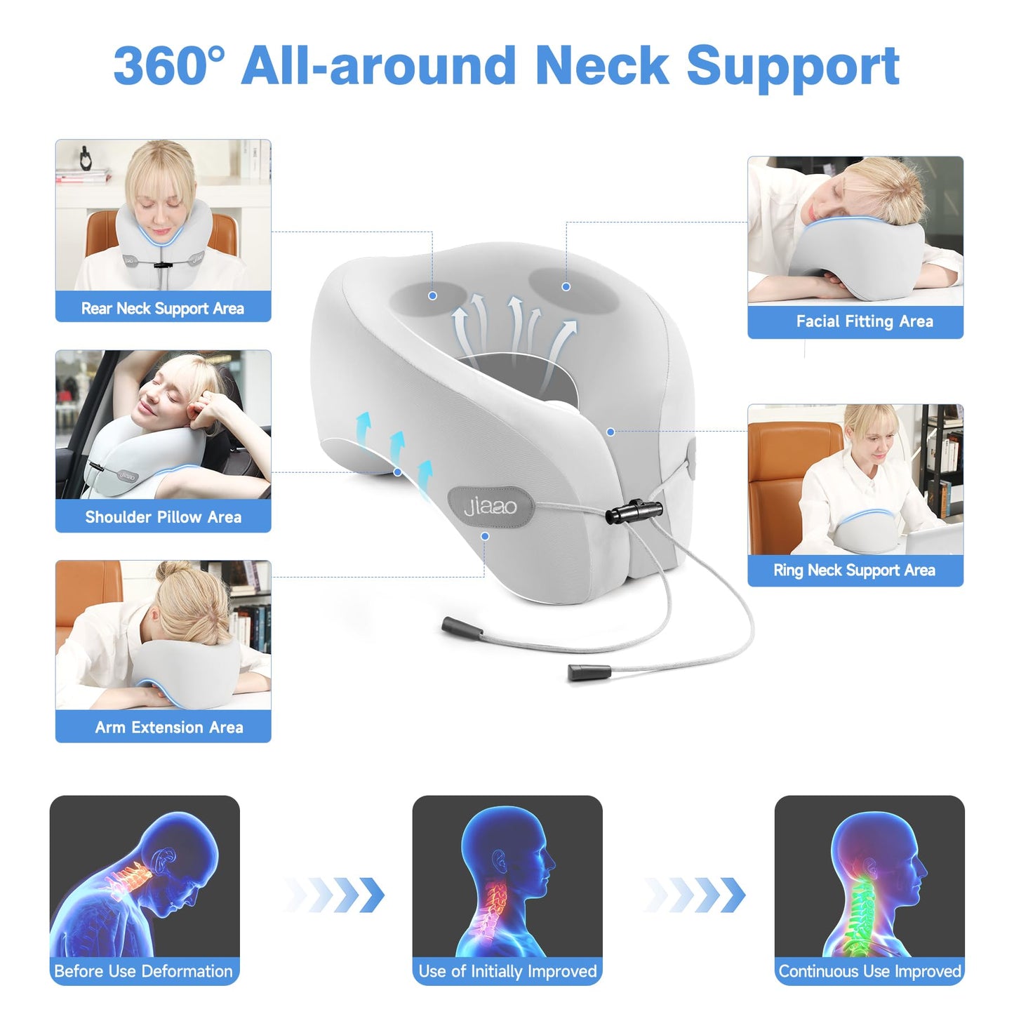 jiaao Travel Neck Pillow - Pain Relief & Comfortable Sleep on Cars, Trains & Planes - Memory Foam Advanced Neck Support for Long Flights, Eye Mask, Earplugs & Storage Bag