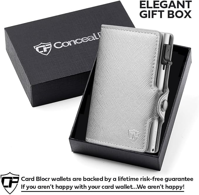 Card Blocr Womens Slim Wallet for Small Purses, Pop Up Wallet with Anti Theft RFID Blocking Credit Card Holder for Women in Platinum PU Saffiano Leather