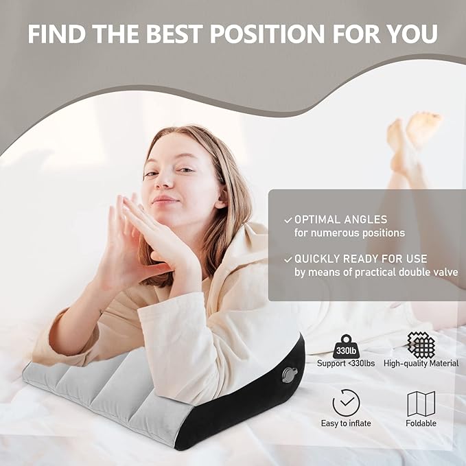 Inflatable Bed Wedge Pillow for Traveling – Portable Inflatable Cushion for Sleeping in Bed, Leg Elevation & Back Support, Quick Inflate Camping Pillow, Home & Airplane Use (Gray)