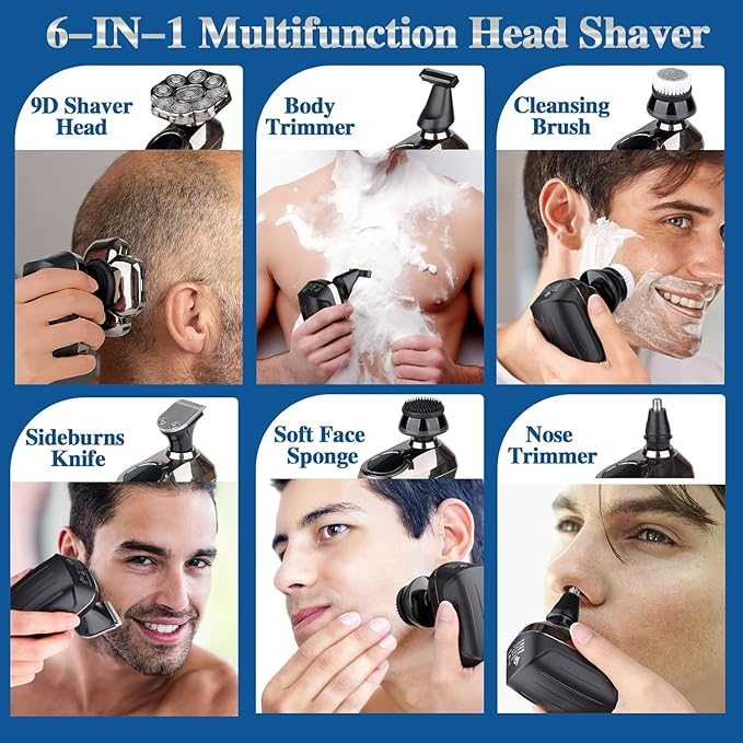 9D Head Shavers for Bald Men: Upgraded 6 in 1 Detachable Bald Head Shavers with LED Display - Wet/Dry Electric Razor for Men - Travel Lock Electric Shaver Grooming Kit with Type-C Charge