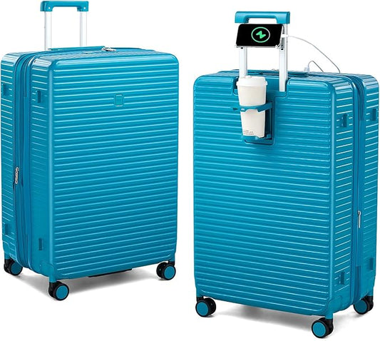 28 Inch Luggage Hard Shell Suitcases, Expandable Travel Checked Luggage 28 Inch, Large Check In Luggage with Spinner Wheels Cup Holder Charger Built in Lightweight Suitcase, Caribbean Blue