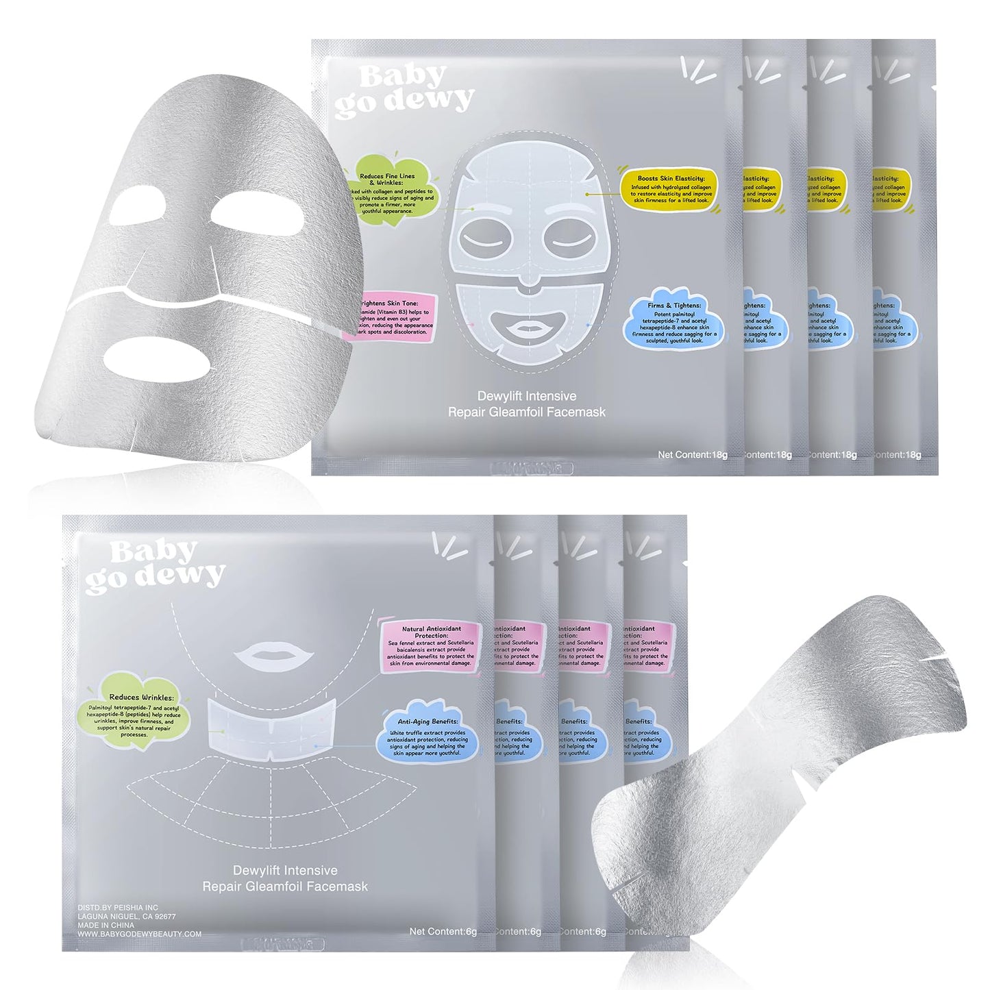 Baby Go Dewy Bio-Collagen‑Peptide Face Mask Sheets – Gleam Foil Intensive Overnight Hydrate Face & Neck Masks for Moisturizing, Firming & Lifting Care – 8 Count(4 Face Masks + 4 Neck Masks)