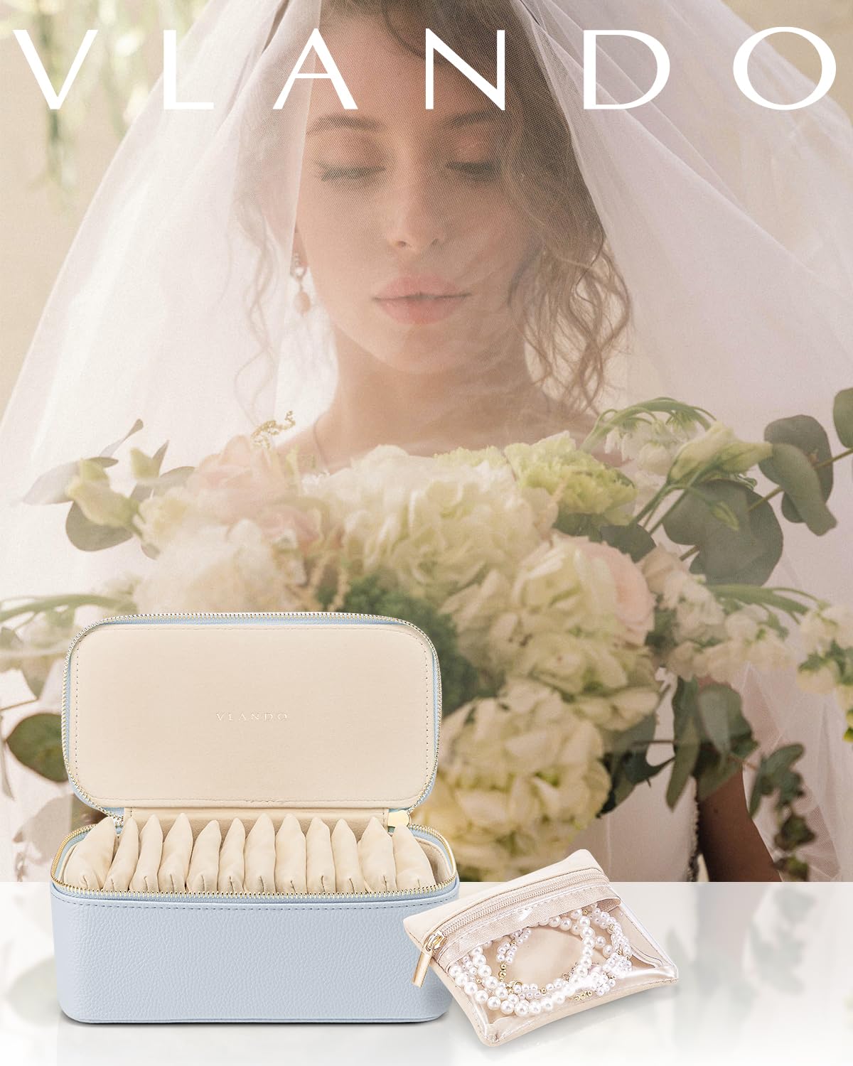 Vlando Travel Jewelry Case,Jewelry Organizer with 12 Pcs Velvet Jewelry Pouches, PU Leather Jewelry Box for Travel Accessories Birthday Christmas Gifts for Women Girls-Baby Blue