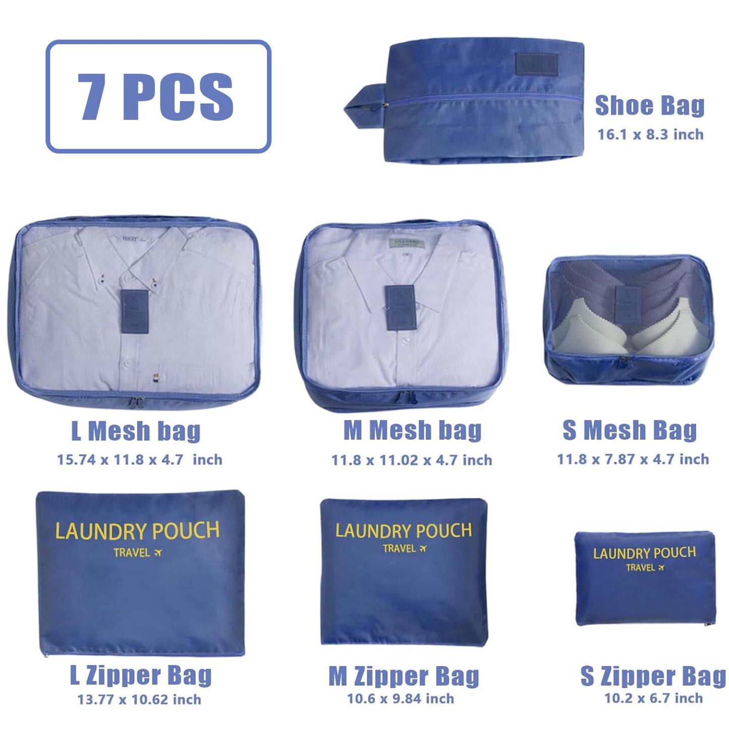 INVODA 7 piece Multi-size Packing Cubes for Travel Suitcase Organizer Bags Lightweight Travel Bags (Navy Blue)