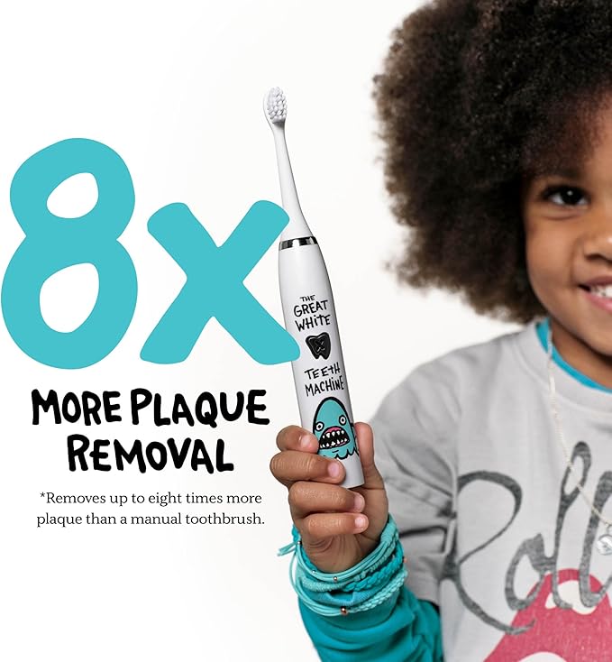 Kids Electric Toothbrush - Rechargeable Vibrating Toothbrush with Timer, Includes 6 Replacement Heads, Gently Cleans Little Teeth, for Girls and Boys, Kids & Toddlers Age 2+, Shark