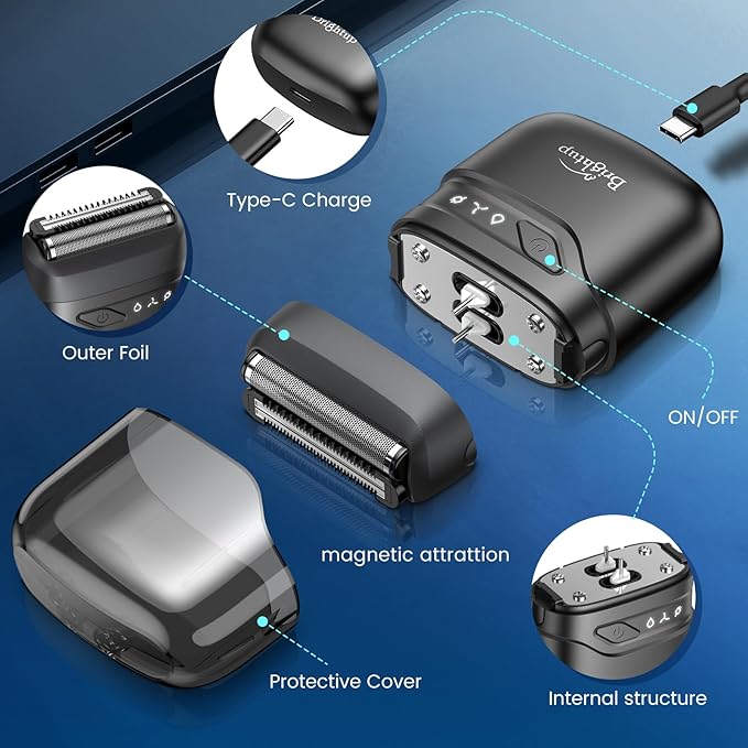 Brightup Electric Foil Shavers for Men, Mini Electric Razor for Shaving Face, Compact Travel Shaver with Floating Blades, Waterproof Wet/Dry Razor USB C Rechargeable