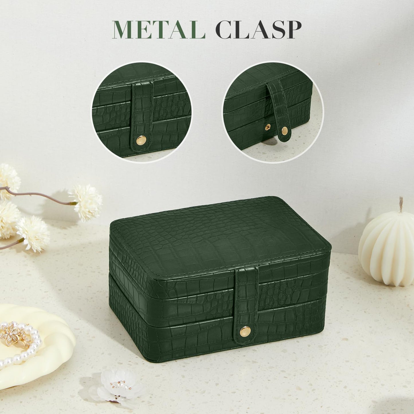 BUTI4WLD PU Leather Travel Jewelry Organizer Case for Women & Girls, 2-Layer Portable Jewelry Box for Earrings, Rings, Necklaces, Bracelets, Compact Jewelry Storage (Green)