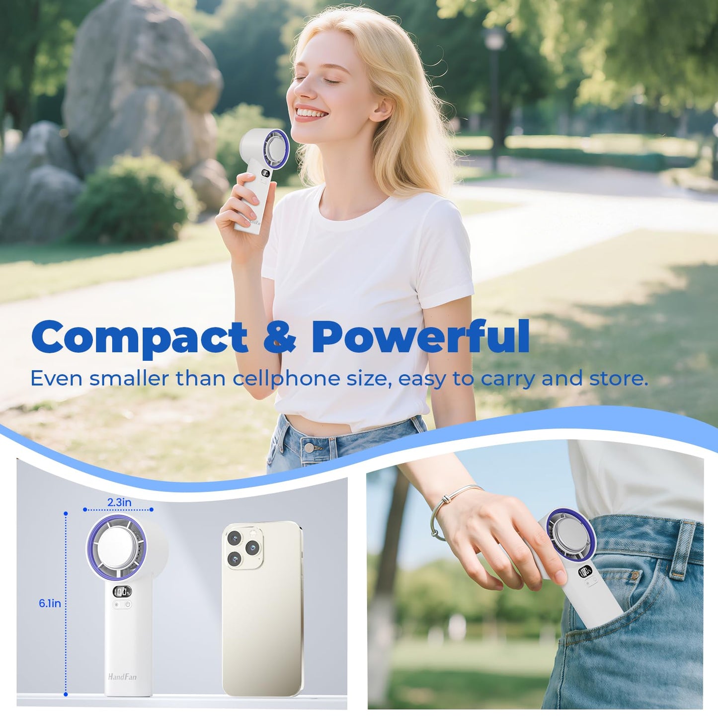 HandFan 5200mAh Portable Handheld Turbo Fan, 13000RPM Powerful Cooling Ice Fan, Mini Hand Fan Rechargeable, 100 Speeds Adjustable, Digital Display, Pocket Fans for Travel Beach Outdoors(White)