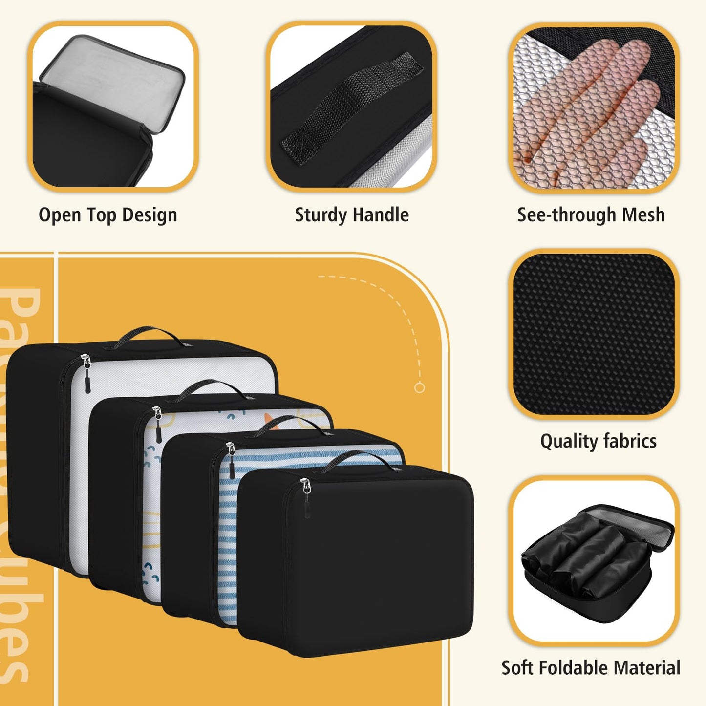 Geekclick 8 Set Packing Cubes for Travel Essentials, Organizers for Suitcase and Luggage in 4 Sizes, Luggage Organizer with Toiletries/Laundry/Shoes/Sock Bags (Black)