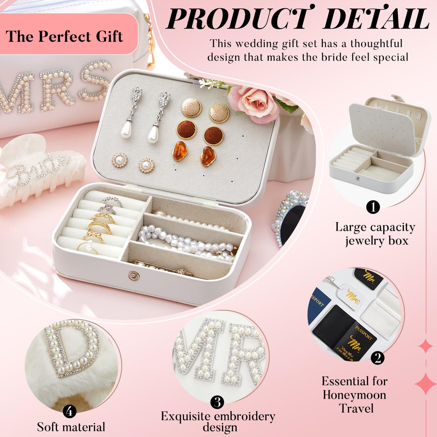 Dansydaisy 14 Pcs Bridal Shower Gifts Set Including Mrs Mr Travel Passport Tag Tote Cosmetic Bag Jewelry Box Claw Hair Clip Hair Tie Heart Sunglasses for Honeymoon Wedding Supplies(Women 7-8)