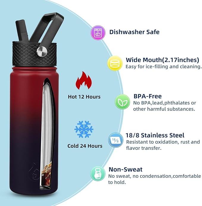 BJPKPK Insulated Water Bottles with Straw Lid, 22oz Cold & Hot Thermo, Stainless Steel Metal Water Bottle with 3 Lids, Reusable Thermo, Cups, Mugs-Charming Red