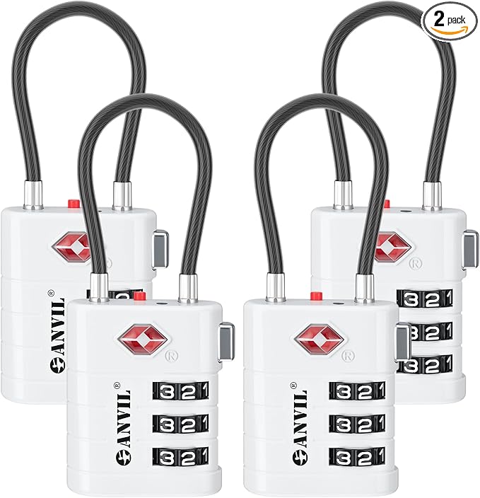 ANVIL TSA Approved Luggage Locks – High Security TSA008 Combination Travel Locks with Inspection Indicator for Suitcases and Backpacks. (4, White)