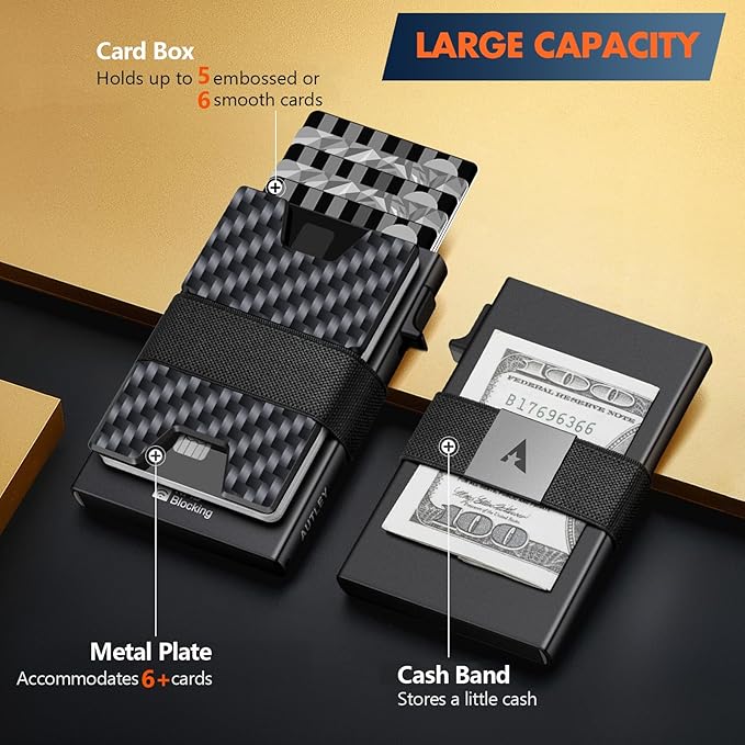 AUTLEY Slim Wallet For Men, Minimalist Mens Wallet, Rfid Blocking Wallet, Pop Up Credit Card Holder with Cash Band (Carbon Fiber+Black)