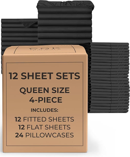 Bulk Case Pack of 12 Sheet Sets - 12 Massage Sheet Sets - Bulk Pack of Queen Sheet Sets - Bulk Queen Size Sheets - Wholesale Bulk Sheets for Hotels & Airbnbs - Exceptional Value - Queen Sized, Black