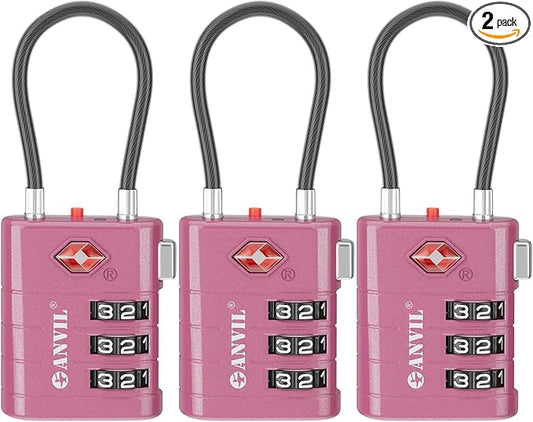 ANVIL TSA Approved Luggage Locks – High Security TSA008 Combination Travel Locks with Inspection Indicator for Suitcases and Backpacks. (3, Rose Purple)