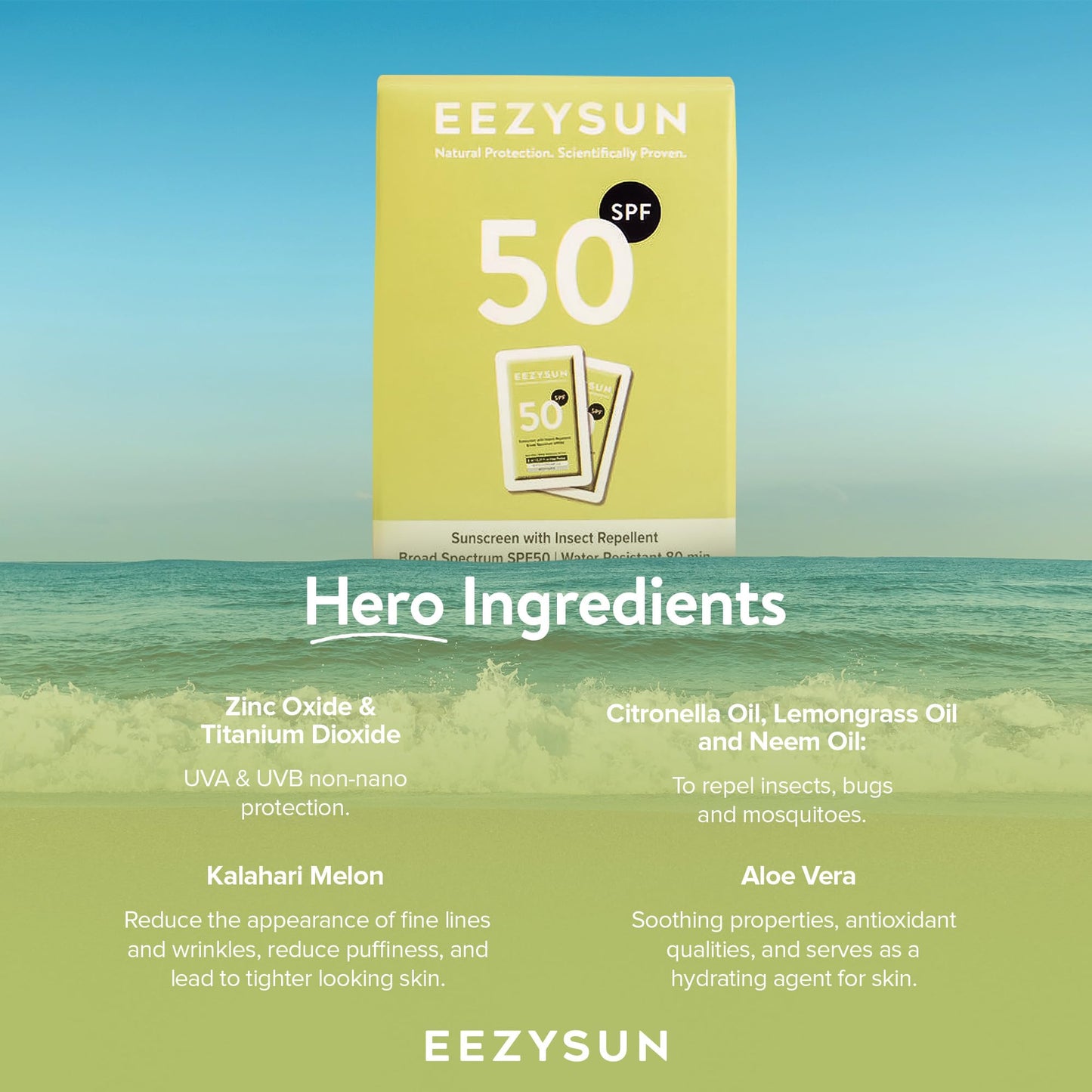 EEZYSUN SPF 50 Sunscreen and Insect Repellent Snap Packets - Sunscreen Travel Size Bug Repellent with Citronella Oil, Lemongrass, and Neem Oil - Reef-Safe Repellent - 10 Snap Packets (0.27 fl oz each)