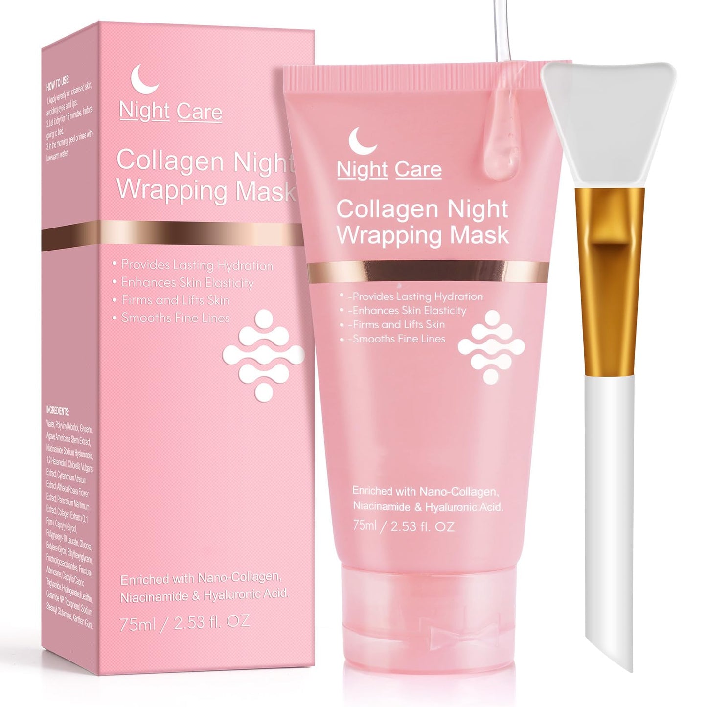 Collagen Overnight Wrapping Peel Off Facial Mask, Collagen Night Wrapping Mask, Hydrating Anti Wrinkle Lifting for All Skin Types, Firming&Elasticity Sleeping Mask (Brush Included)