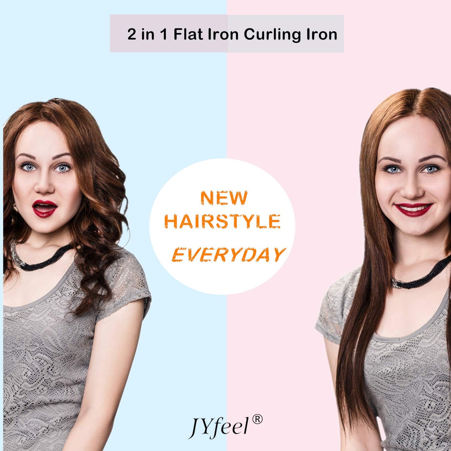 JYfeel 2 in 1 Flat Iron Curling Iron in One, Travel Hair Straightener and Curler Dual Voltage Mini Straightener Curler Combo with 1 Inch Ceramic Plate Rose Gold