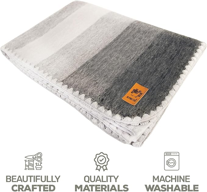 ALPAKITAS Alpaca Wool Blanket Throw | Large, Beautiful, Warm, Stripes | 64 x 45 inches | Ultra-Soft, Hypoallergenic and Breathable | Non-Itchy or Scratchy (Gray)
