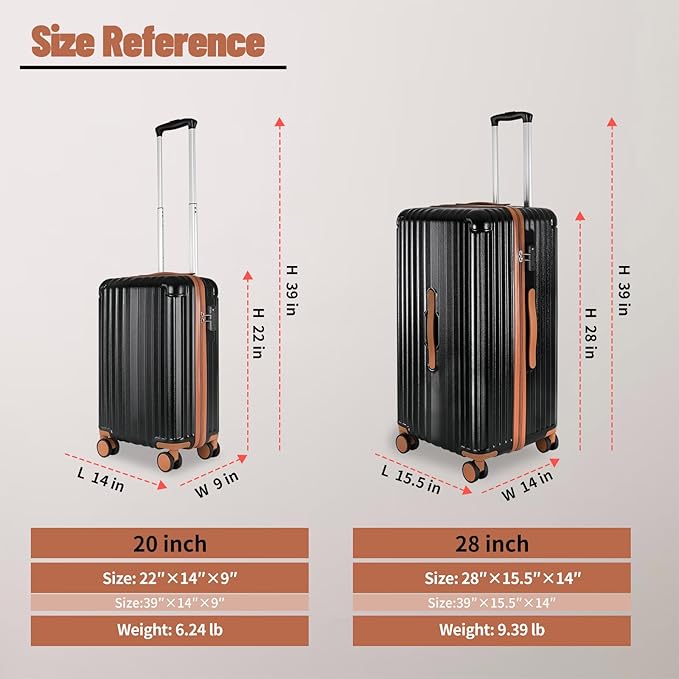 Carry-on 20 Inch and 28 Inch Square Thickened ABS+PC Hard Shell luggage, 2-Piece Suitcase Set with TSA Lock & Dual Zipper Mesh Inner Layer Design, Black Brown