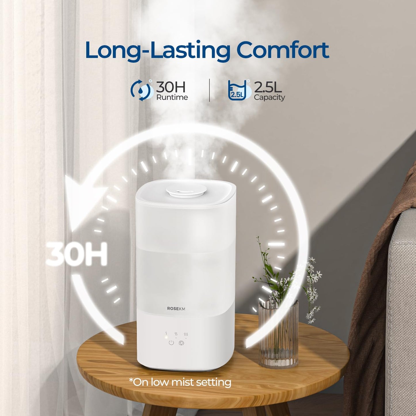 ROSEKM Humidifiers for Bedroom, Top Fill 2.5L Cool Mist Humidifiers for Large Room, Easy to Fill & Clean, 30H Runtime, 28dB Quiet Air Humidifier for Plants, Baby Nursery, Indoor with Night Light