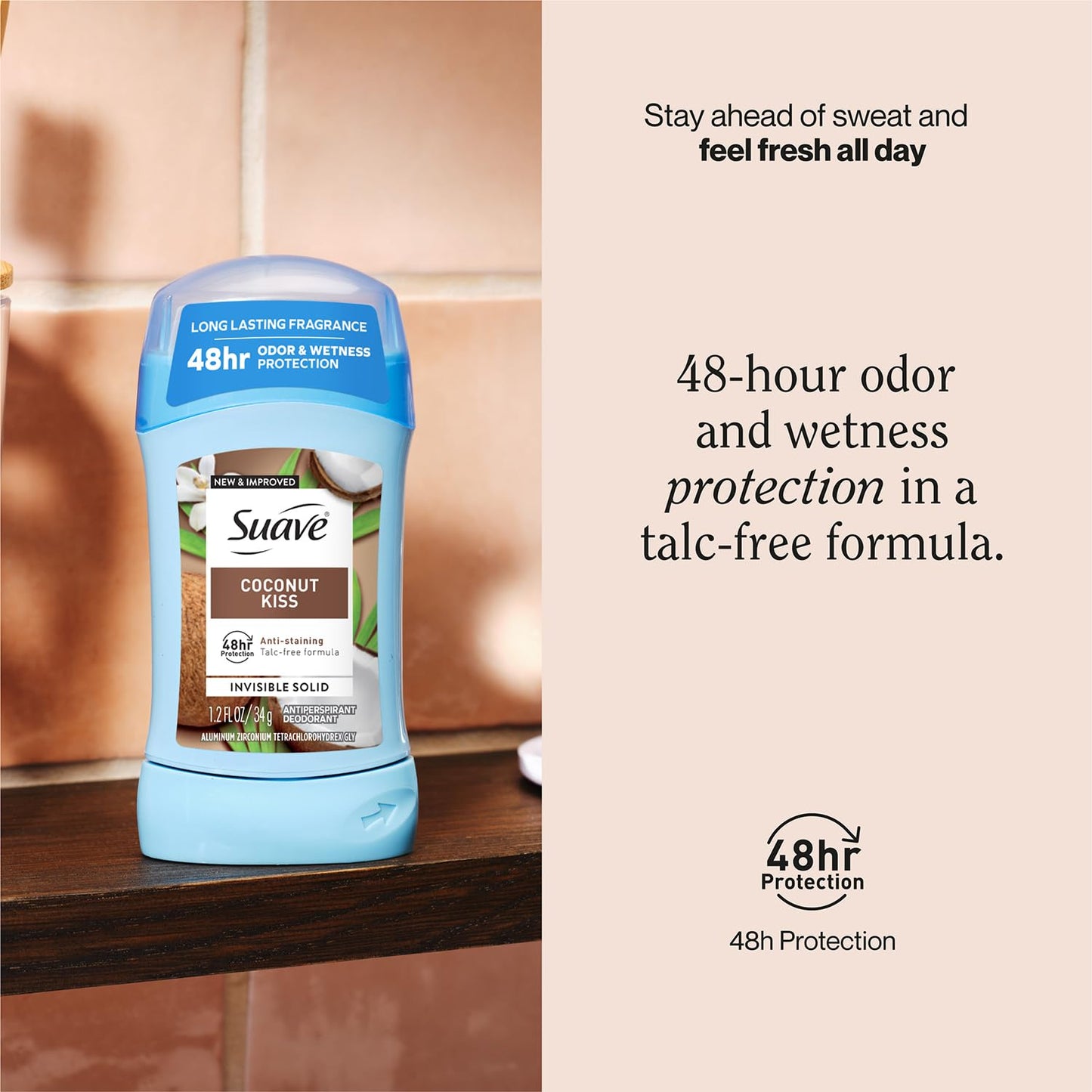 Suave Antiperspirant Deodorant for Women, Coconut Kiss 2-Pack – Anti-Staining Invisible Solid Sticks, Talc-Free, 1.2 Oz Ea