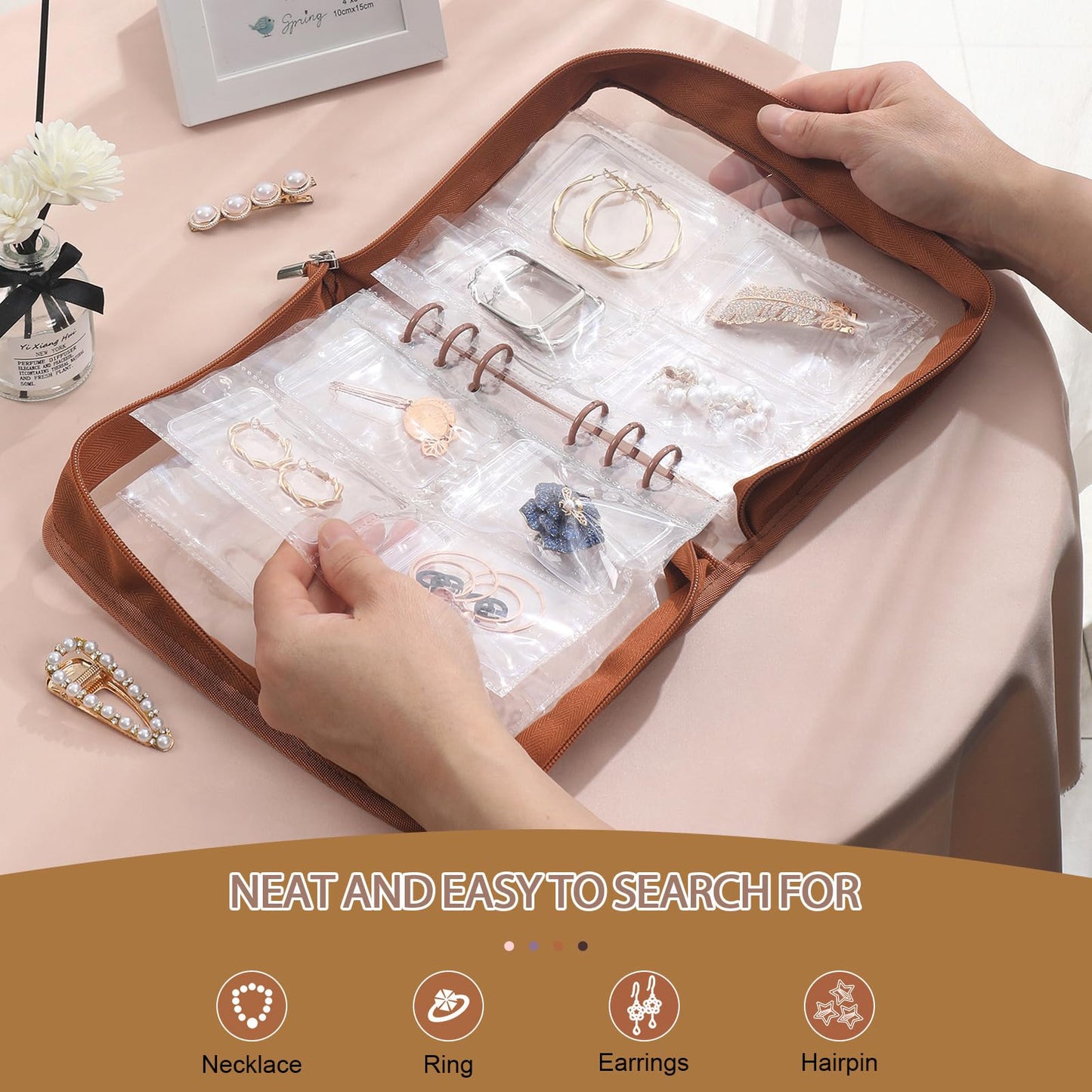 Jewelry Organizer Case Travel Jewelry Storage Bag Clear Jewelry Rolls (Light Brown,With 80 PCS Earring Pouches)