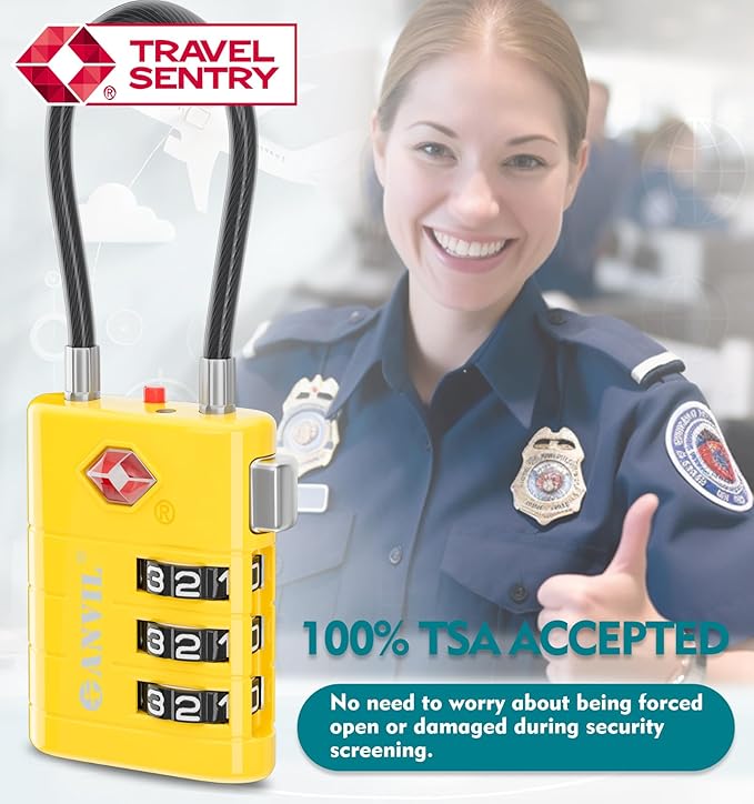 ANVIL TSA Approved Luggage Locks – High Security TSA008 Combination Travel Locks with Inspection Indicator for Suitcases and Backpacks. (4, Yellow)