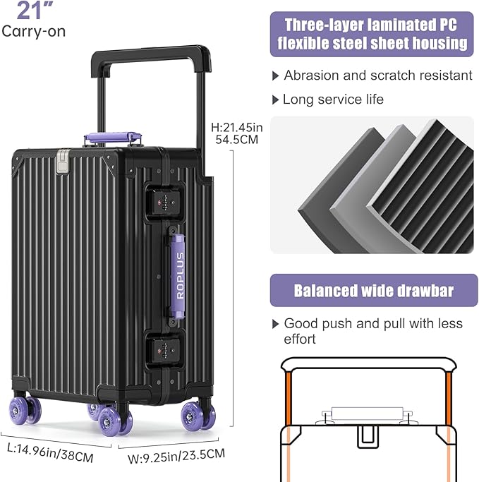 Aluminium Frame Carry on Luggage with Smooth Jelly Wheels, Hardside Zipperless Rolling Suitcase with TSA Lock (BlackPurple, 21-Inch)