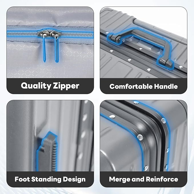 22 inch carry on luggage Durable Suitcase with Cup Phone Holder USB Port Aluminium Frame Carry on Luggage with 8 Double Spinner Wheels TSA Lock Suitcase with Cup Holder Carry On Luggage with USB Port