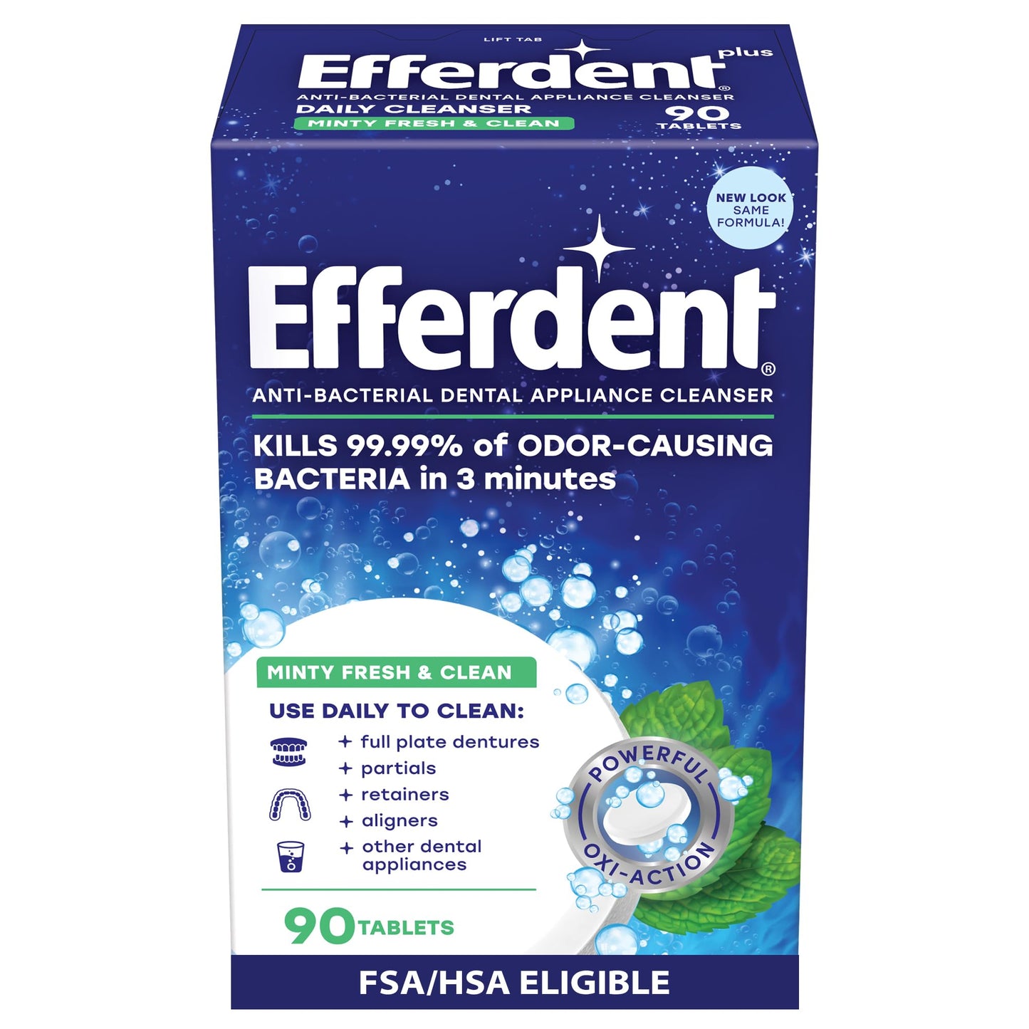 Efferdent Denture Cleaner Tablets – Dental Appliances, Aligners, Mouth Guard, and Retainer Cleaner Tablets, Minty Fresh & Clean, 90 Count