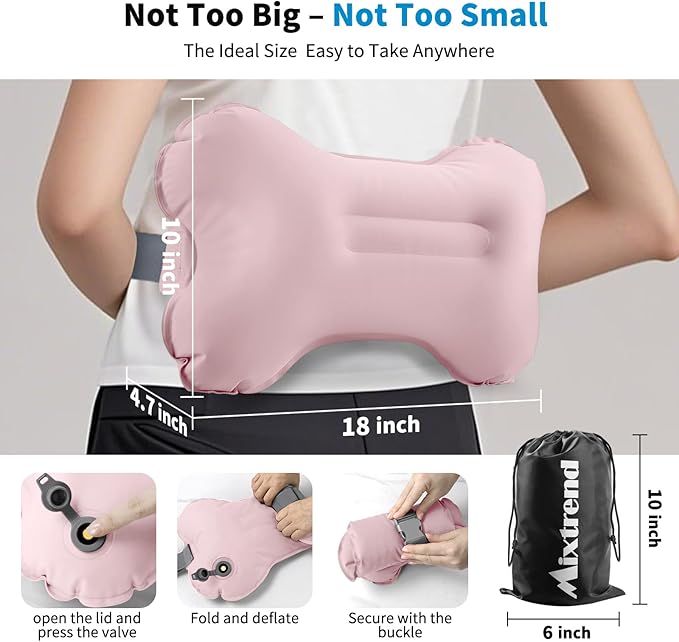 Mixtrend Travel Lumbar Pillow – Inflatable Memory Foam Back Support Cushion for Airplane, Car, Office Chair, Long Flight – Ergonomic Pain Relief for Women, Men & Kids（Blush Pink）
