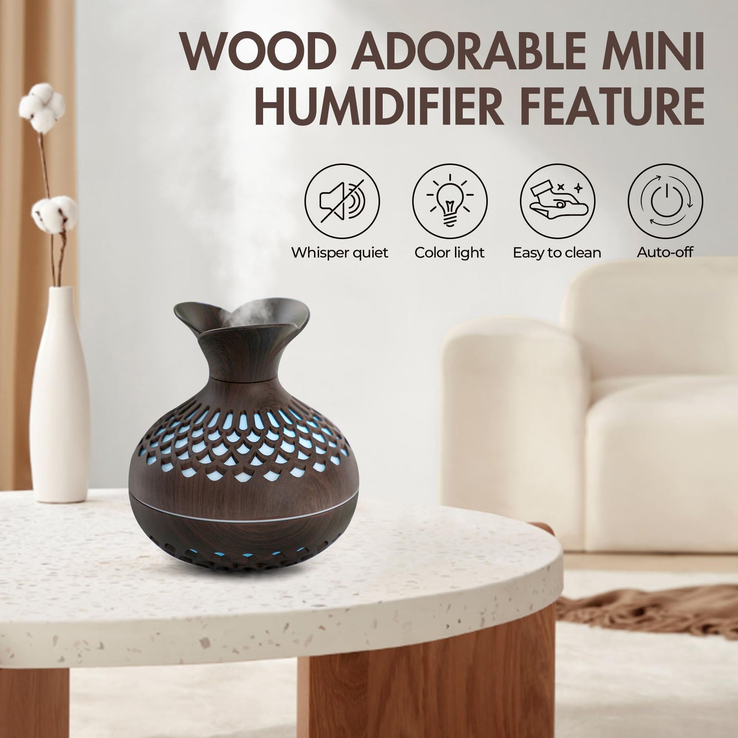 Mini Humidifier for Desk Bedroom Indoor Plant, 300ml Aromatherapy Diffuser Humidifier for Office Small Room, Quiet Colorful Night Light, Essential Oil Diffuser