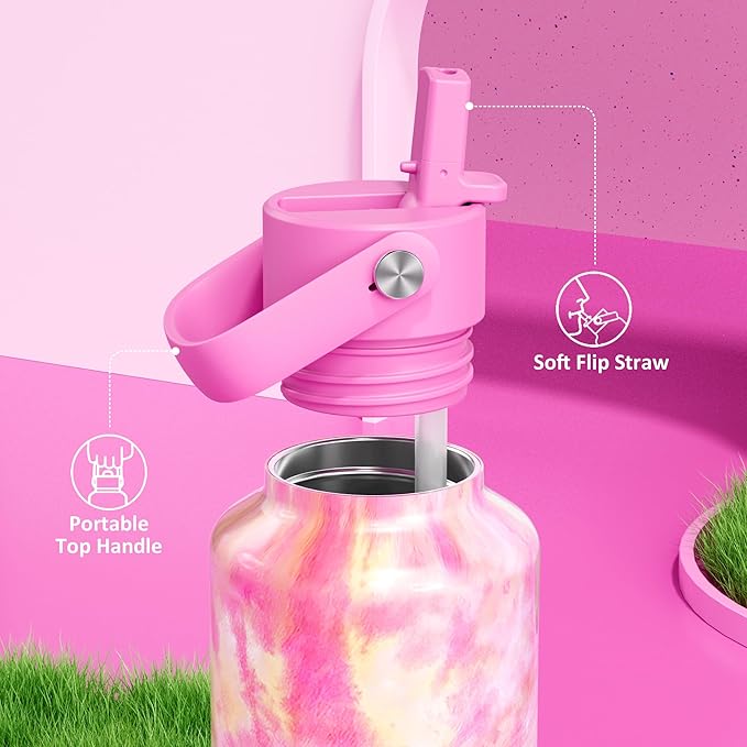 24 oz Vacuum Water Bottle for School: Lightweight, Leakproof, Flex Cap, BPA-Free, Cupholder Friendly, Vacuum Flask with Straw for Girl, College, Outdoors, Sport, Daily, Gift, Classroom (Citrus Dream)