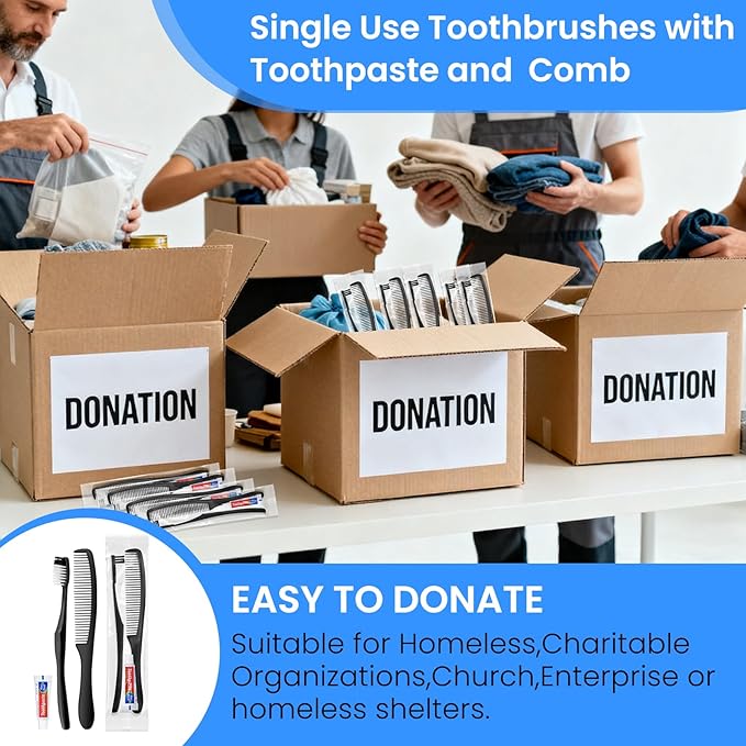 Black Disposable Toothbrushes with Toothpaste and Comb - Pack of 30,Individually Wrapped Single Use Travel Toothbrushes Kit Bulk for Homeless,Guests,Hotel