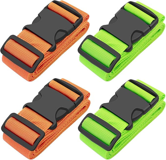 BILIONE 4 Pack Luggage Straps 79" Long Belts Keep Suitcase Secure While Traveling, TSA Approved Add a Bag Premium Accessory for Travel Bag Closure (2PCS Green + 2PCS Orange)