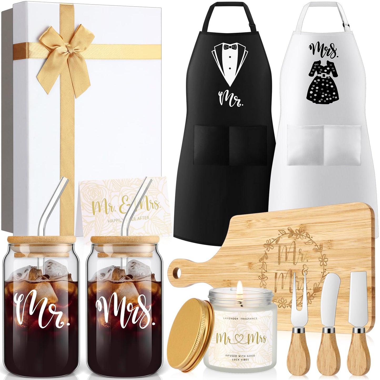 Singhoow 12 Pcs Wedding Gifts for Couples Mr Mrs Glass Cups Aprons Charcuterie Board Candle Butter Knife Box Set for Bridal Shower Engagement Anniversary Newlywed Bride Groom His and Her
