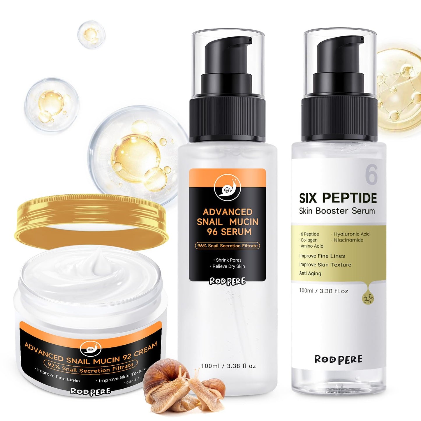 Advanced Skin Care Set With Snail 96 Mucin Power Essence, 6 Peptide Skin Booster Serum, Snail 92 Mucin Cream, 3 PCS Skin Care Gift Kit For Women, Travel Size, Anti Aging, Improve Fine Lines