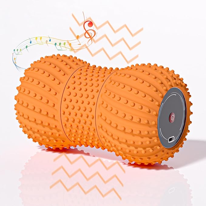 2 in 1 Vibrating Peanut Massage Ball with 6 Massaging Modes and Bluetooth Speaker, Rechargeable Vibrating Massage Yoga Roller Ball for Muscle Recovery, Orange