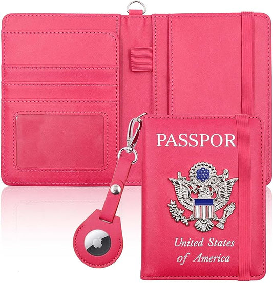 Cnycmy Passport Holder with Airtag slot,Passport-Wallet-Holder for Women,for Family, Rfid Passport Book Card Slot Waterproof, passport holder for travel (rose red1)