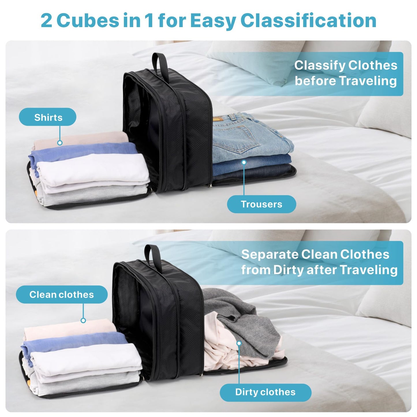 Cambond Double Sided Expandable Compression Packing Cubes - Separate Clean and Dirty Clothes See Through Mesh Compression Cubes for Travel, Efficient Packing Organizers for Road Trip, Cruise